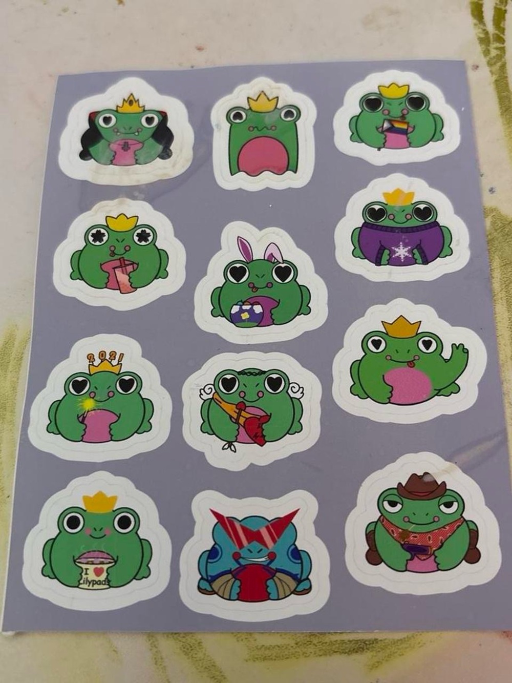 Cute Green Frog Princess Sticker Sheet - Purple Backing